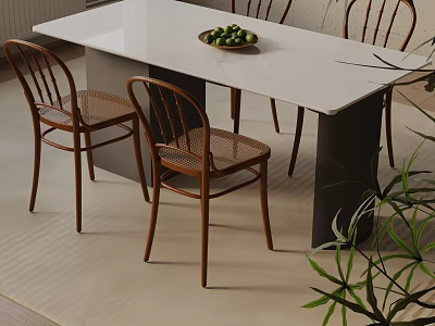 Elegant Dining Table Set With White Tabletop Wooden Rattan Chairs Green Fruit Platter And Plants 3d model