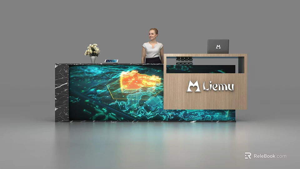 Modern Office Reception Desk with Marble Pattern Laptop Vase and Liemu Logo 3d model 