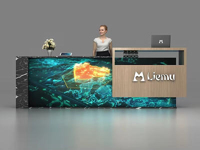 Modern Office Reception Desk with Marble Pattern Laptop Vase and Liemu Logo 3d model