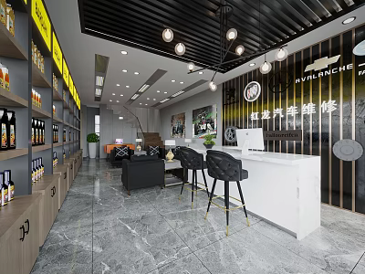 Modern Auto Repair Store Interior With Display Shelves Car Accessories And Bar Counter 3d model