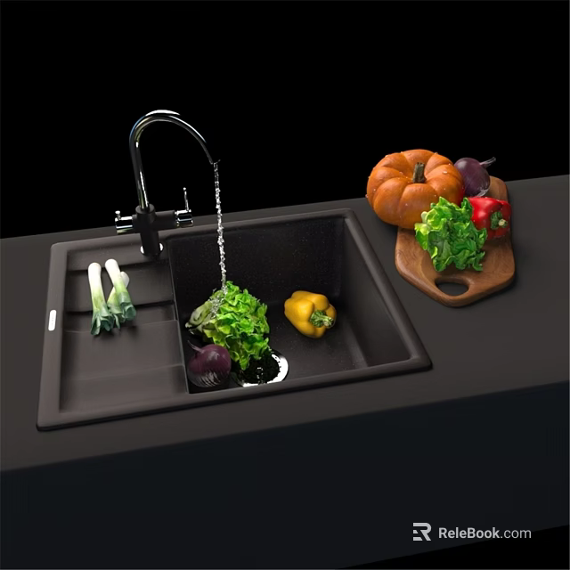 Black Kitchen Sink With Faucet Running Water Fresh Vegetables And Cutting Board 3d model 