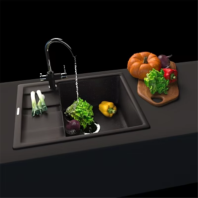 Black Kitchen Sink With Faucet Running Water Fresh Vegetables And Cutting Board 3d model
