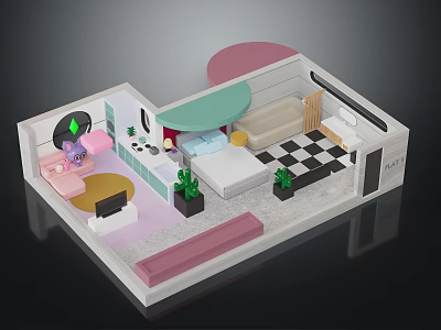 Modern Interior Design With Sofa TV Bed Checkerboard Floor And Green Decorative Plants 3d model