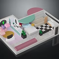 Modern Interior Design With Sofa TV Bed Checkerboard Floor And Green Decorative Plants