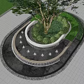 Modern Water Feature Fountain With Central Tree And Surrounding Greenery In Paved Outdoor Landscape