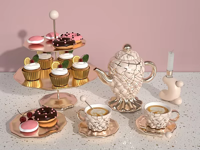 Pastel Macarons Cherry Topped Chocolate Cupcakes Lemon Garnish Golden Teapot Floral Teacups Afternoon Tea 3d model