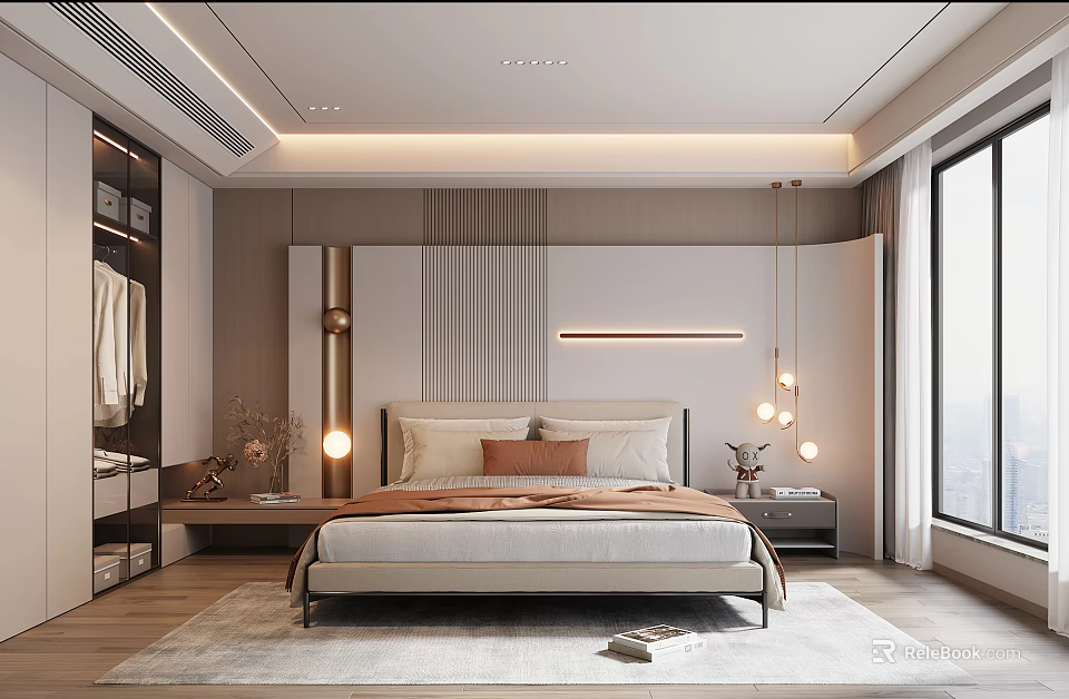 Modern Bedroom Interior Design With Large Bed Nightstands Pendant Lights And Wardrobe 3d model 