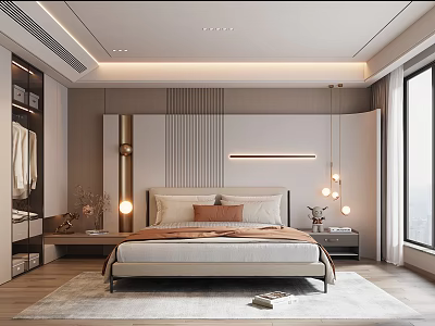 Modern Bedroom Interior Design With Large Bed Nightstands Pendant Lights And Wardrobe 3d model