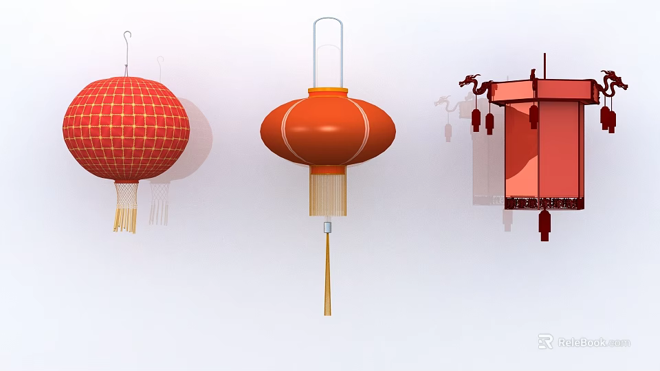 Chinese Traditional Lanterns Red And Orange Round Square With Tassels Hanging On White Background 3d model 