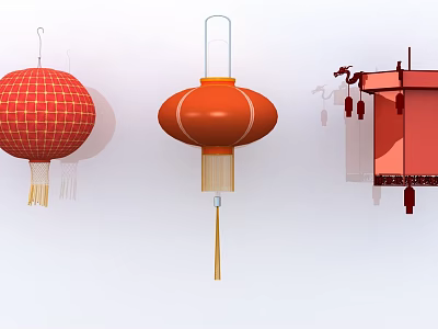 Chinese Traditional Lanterns Red And Orange Round Square With Tassels Hanging On White Background 3d model