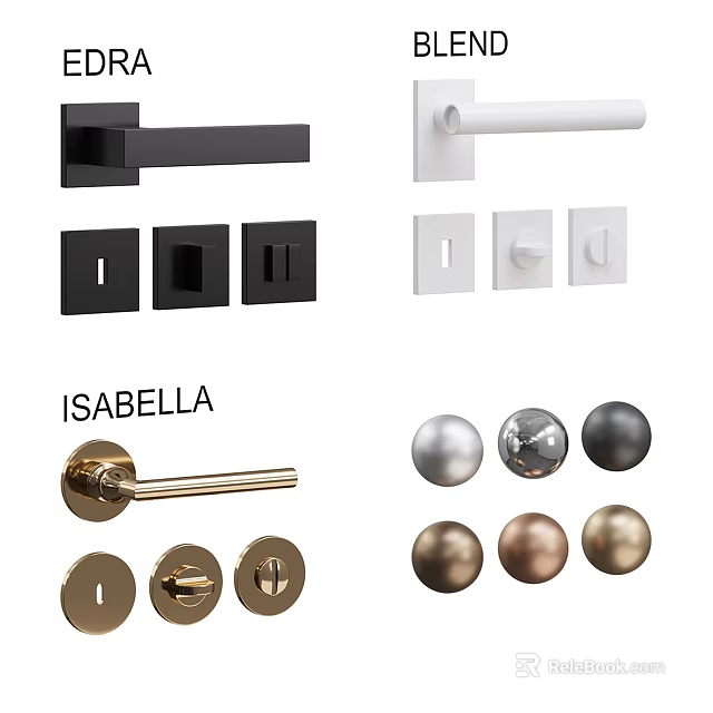 Assortment of Door Handles in Various Styles and Colors Including Black White Gold and Silver 3d model 