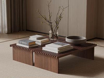 Modern Walnut Wood Coffee Table With Slatted Top And Stack Of Books Vase Branches Bowl 3d model