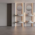 Four Modern Minimalist Lighted Washbasins With Round Mirrors White Pink Green Public Restroom