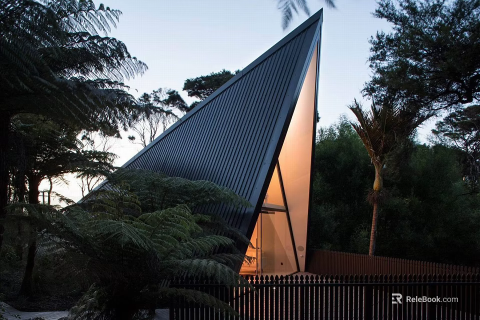 Unique Triangular Guesthouse Architecture With Sharp Metal Roof And Warm Lighting Surrounded By Trees 3d model 
