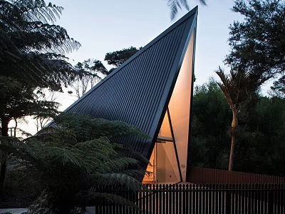 Unique Triangular Guesthouse Architecture With Sharp Metal Roof And Warm Lighting Surrounded By Trees 3d model