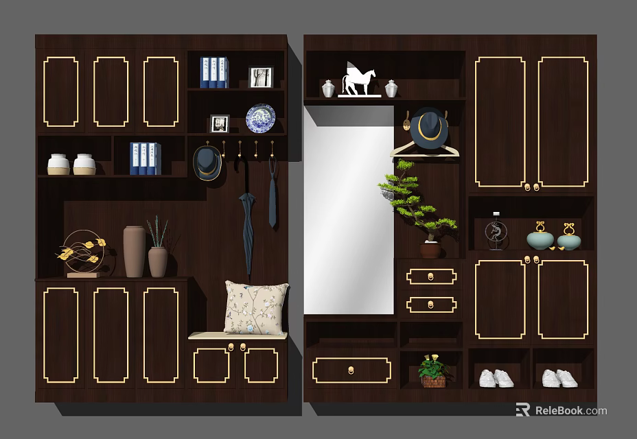 Chinese Style Dark Wood Shoe Cabinet With Golden Lines Mirror And Storage Drawers 3d model 