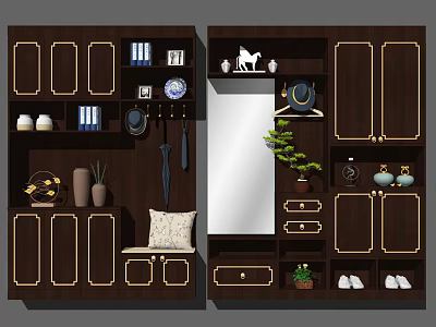 Chinese Style Dark Wood Shoe Cabinet With Golden Lines Mirror And Storage Drawers 3d model