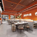 Hotpot Restaurant Interior Design With Orange Decor Open Layout Tables And Menu Posters