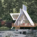 Modern Detached Villa On Water With Forest Surroundings And Red Terrace Chairs