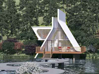 Modern Detached Villa On Water With Forest Surroundings And Red Terrace Chairs 3d model