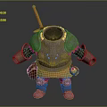 Cartoon 3D Character Model With Riveted Metal Armor And Orange Sword On Back
