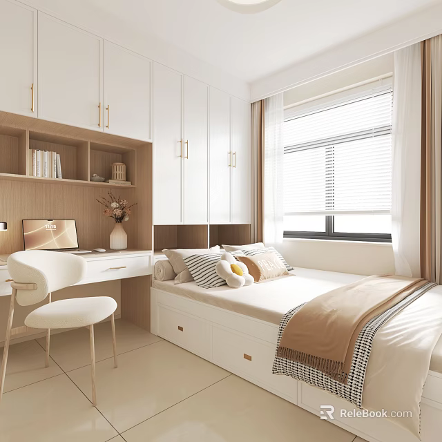 Modern Tatami Bedroom With Storage Cabinets Desk And Natural Light 3d model 