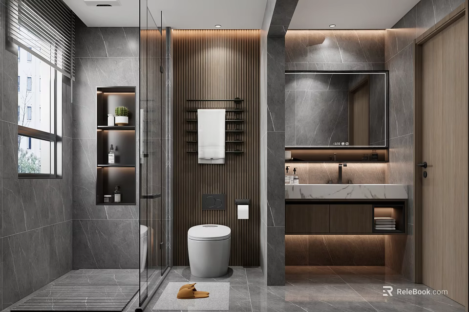 Modern Bathroom Featuring Gray Marble Walls Floors Glass Shower Enclosure Vanity Mirror and Wooden Accents 3d model 