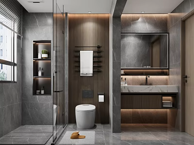 Modern Bathroom Featuring Gray Marble Walls Floors Glass Shower Enclosure Vanity Mirror and Wooden Accents 3d model