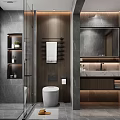 Modern Bathroom Featuring Gray Marble Walls Floors Glass Shower Enclosure Vanity Mirror and Wooden Accents