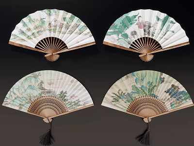 Traditional Chinese Folding Fans As Decorative Wall Hangings With Artistic Patterns And Tassels 3d model