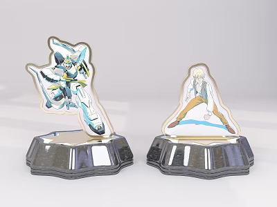 Anime Character Acrylic Stands With Blue Mecha Style And Blonde White Coat On Silver Bases 3d model