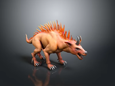 Orange Spiked Horned 3D Monster Model With Sharp Claws And Open Mouth 3d model