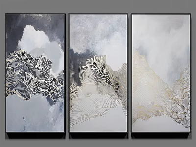 Abstract Triptych Paintings With Mountain Lines Gray White Gold Tones 3d model
