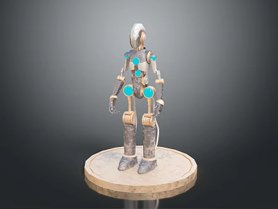 Game Movie Character Robot with Silver Body Blue Circular Accents Golden Joints on Circular Base 3d model
