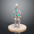 Game Movie Character Robot with Silver Body Blue Circular Accents Golden Joints on Circular Base