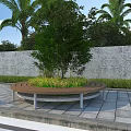 Circular Landscape Bench with Central Tree Greenery Gray Brick Wall Paved Ground and Palm Trees 3d model