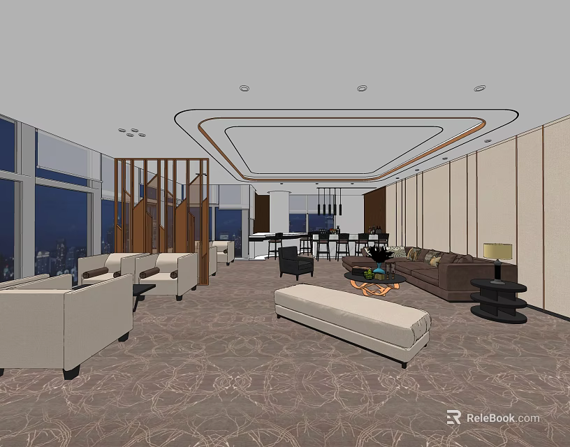 Hotel Public Lounge Area With Comfortable Sofas Modern Coffee Tables And Floor To Ceiling Windows 3d model 