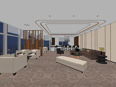 Hotel Public Lounge Area With Comfortable Sofas Modern Coffee Tables And Floor To Ceiling Windows 3d model