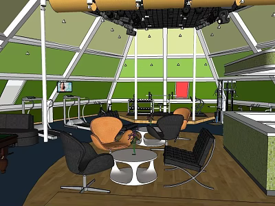 Modern Fitness Studio With Open Design Green Walls Glass Ceiling And Workout Equipment 3d model