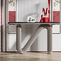 Elegant Modern Console Table Design With Lattice Walls Striped Wall Red Ornaments And Decorative Paintings
