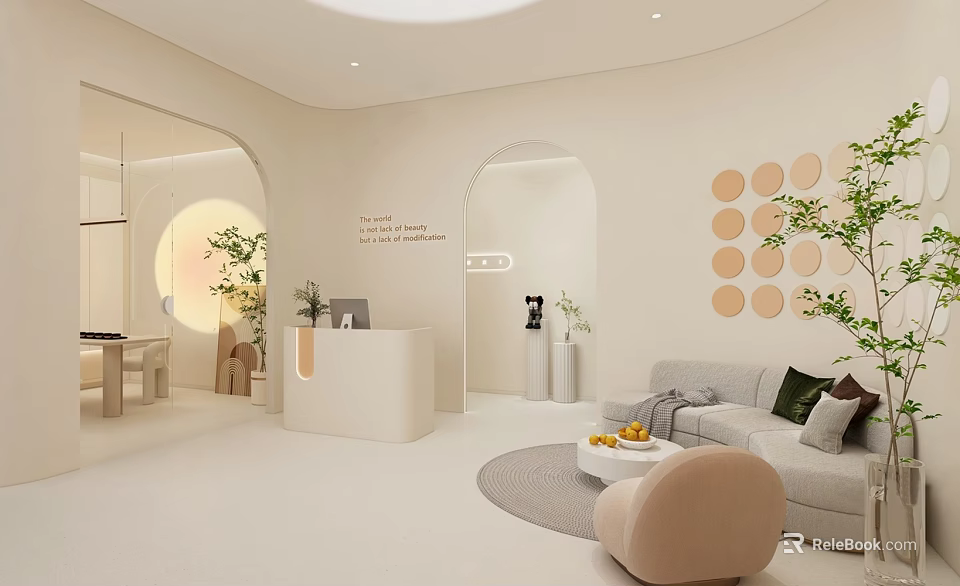 Minimalist Beauty Hair Salon Interior Featuring Beige Arches Reception Desk Sofa And Green Plants 3d model 