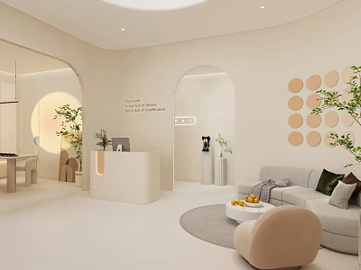 Minimalist Beauty Hair Salon Interior Featuring Beige Arches Reception Desk Sofa And Green Plants 3d model