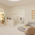 Minimalist Beauty Hair Salon Interior Featuring Beige Arches Reception Desk Sofa And Green Plants