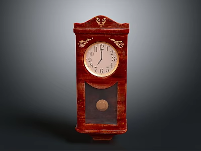 Vintage Red Wooden Decorative Wall Clock With Glass Door And Pendulum 3d model