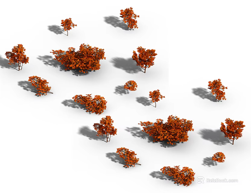 Vibrant Orange Leaved Trees In Various Sizes With Natural Shadows 3d model 