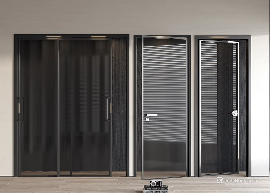 Modern Interior Black Framed Sliding Doors With Slatted Glass Panel Design 3d model