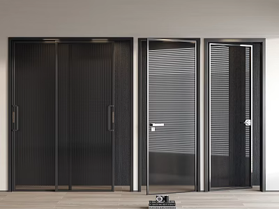 Modern Interior Black Framed Sliding Doors With Slatted Glass Panel Design 3d model