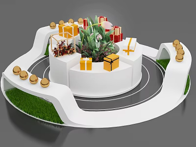 White Circular Layered Display Shelves With Gift Boxes And Green Plants 3d model