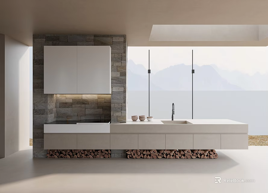 Modern Bathroom Vanity With Stone Backsplash Upper Cabinets White Countertop And Mountain View 3d model 