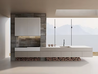 Modern Bathroom Vanity With Stone Backsplash Upper Cabinets White Countertop And Mountain View 3d model